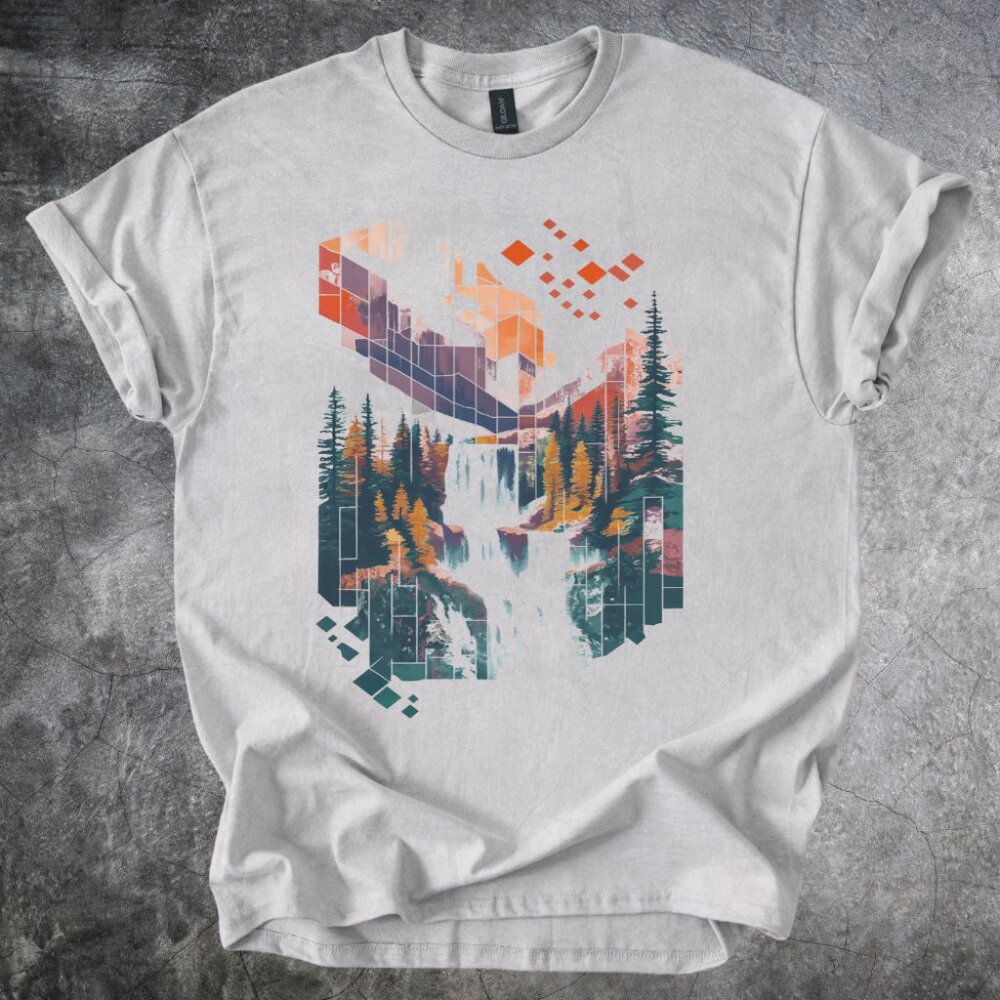 Geometric Landscape Shirt Waterfall Mountain Illustration Tshirt Cotton Tee Gray